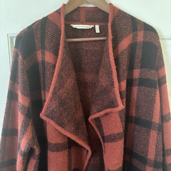 Soft Surroundings Open Cardigan XL Red Long Plaid Alpaca Wool Fall Boho Western - Picture 3 of 10